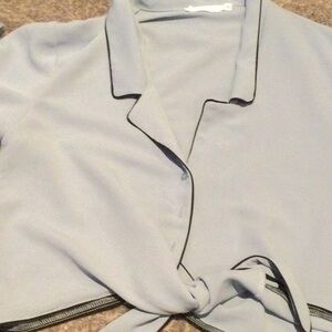Lush blue and navy cropped blouse with tie front in S